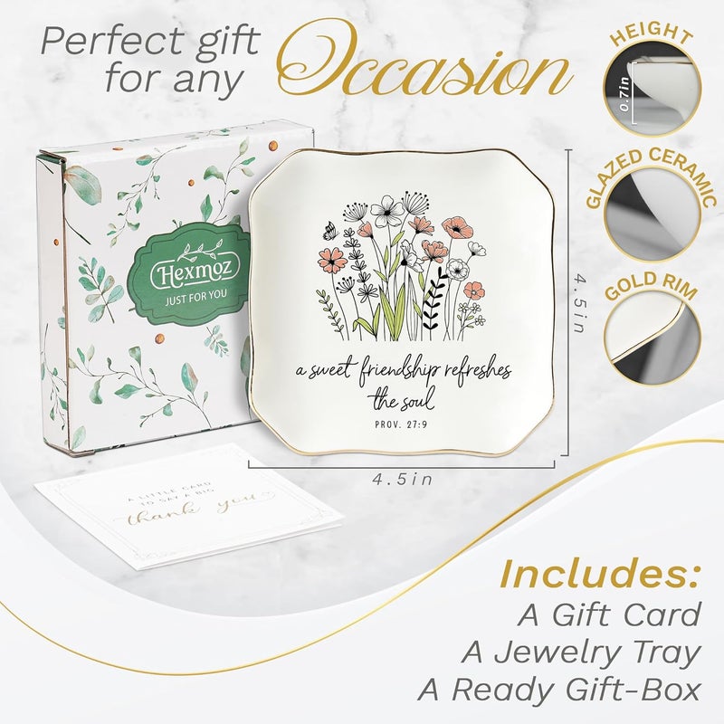 HEXMOZ Friend Gifts for Women, Best Friends, Soul Sister - Friendship Gifts - Christian, Birthday, Valentine's Gift Ideas - A Sweet Friendship Refreshes The Soul 4.5"X4.5" Ceramic Jewelry Dish Tray - Image 3